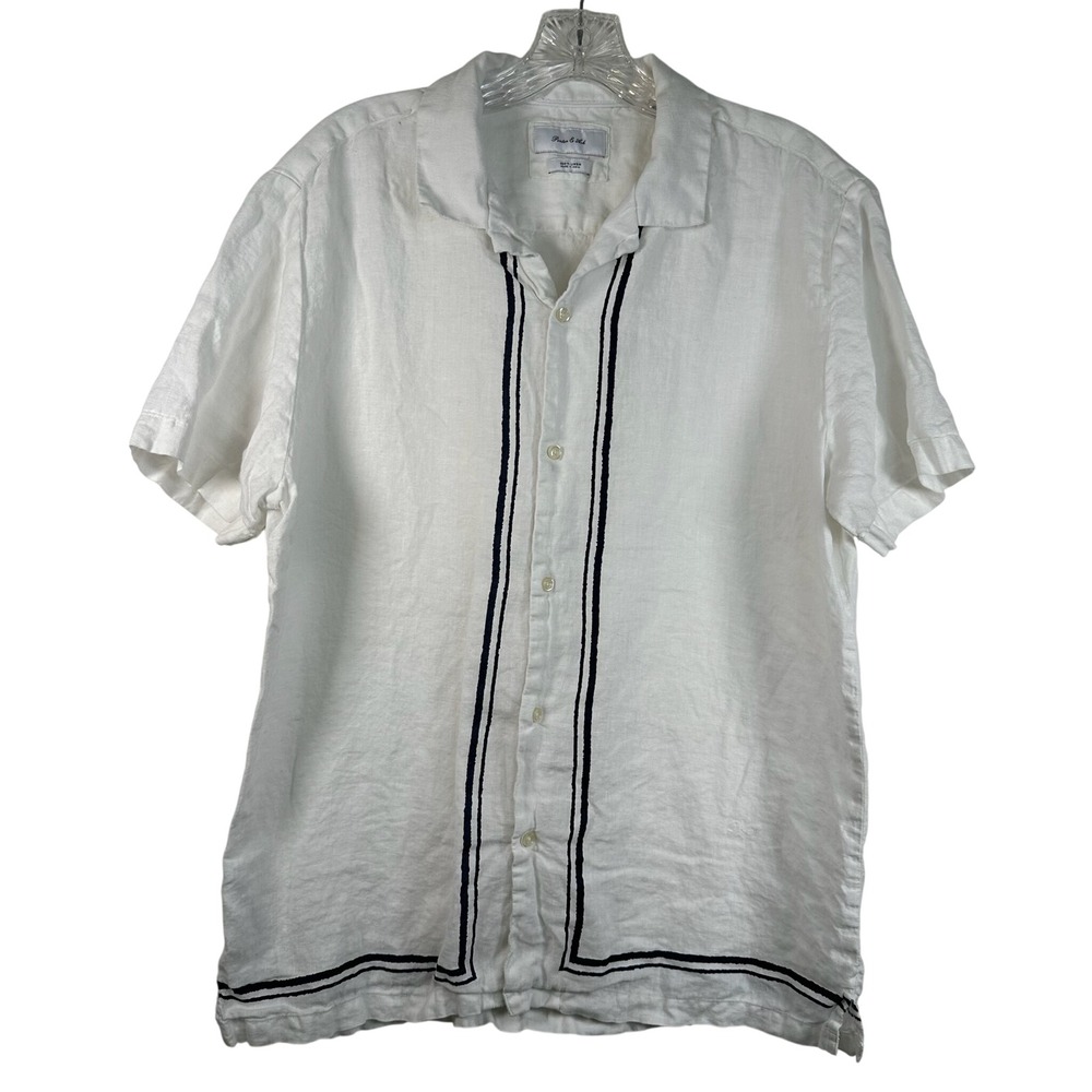 Porter & Ash Mens 100% Linen Short Sleeve Button Down Shirt White Navy Stripe